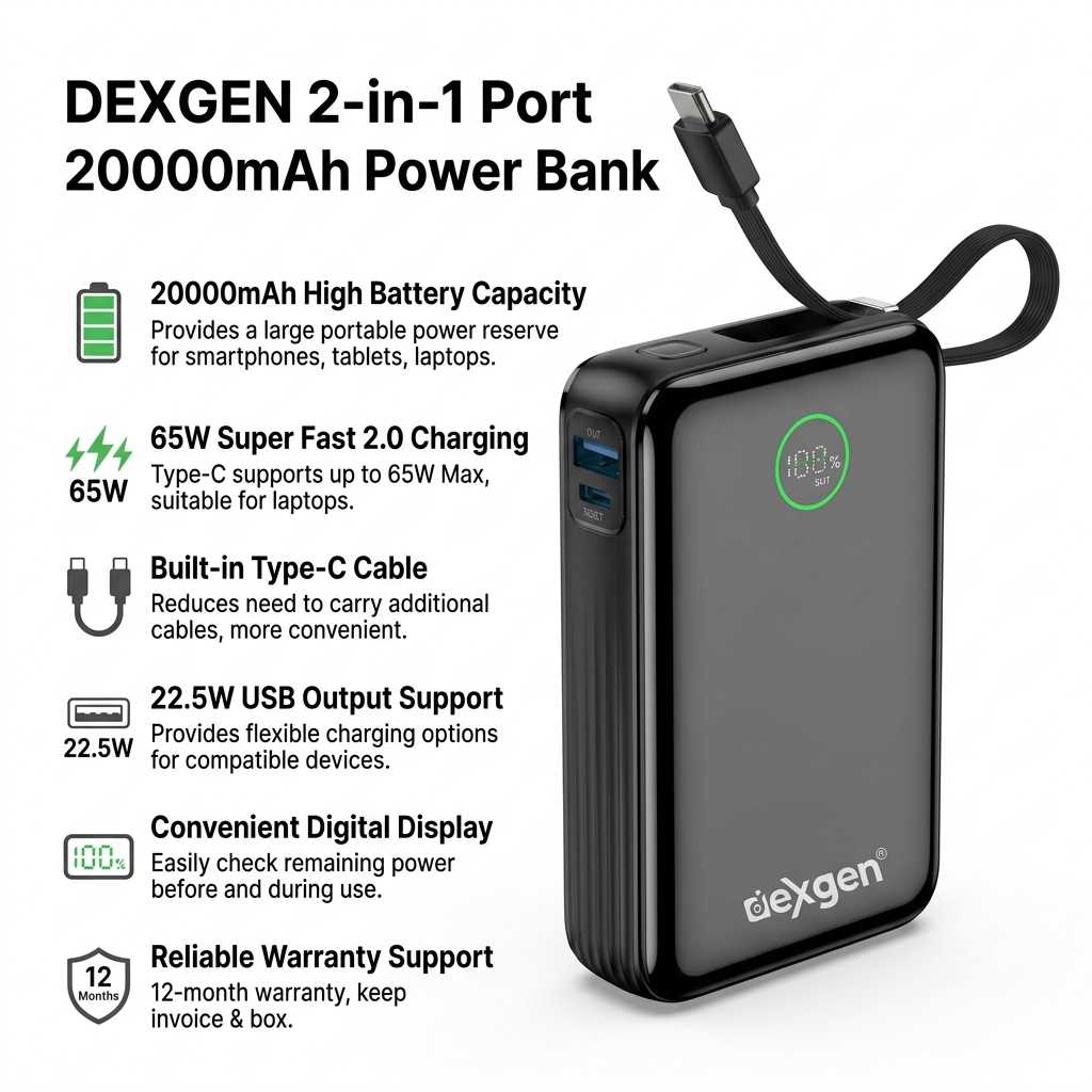 DexGen 2-in-1 Port 20000mAh Power Bank with Digital Display – Fast Charging Portable Charger